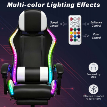 Gaming Καρέκλα Μαύρη/Άσπρη Με Led Φωτισμό, Ηχεία, Μασάζ Και Bluetooth